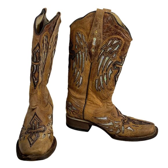 Tan Leather Western Boots w/ Sparkly Cross Wings Embroidery Womens SZ 6.5 B FLAW - Picture 2 of 8